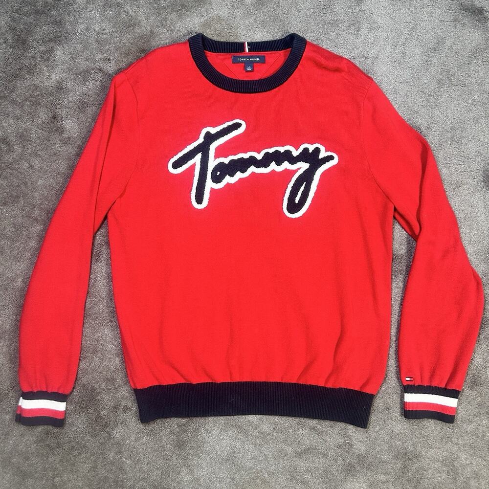 2 Tommy Hilfiger Sweaters Red Raised Ebroidery TOMMY & Blue With Color‎ Bar Logo